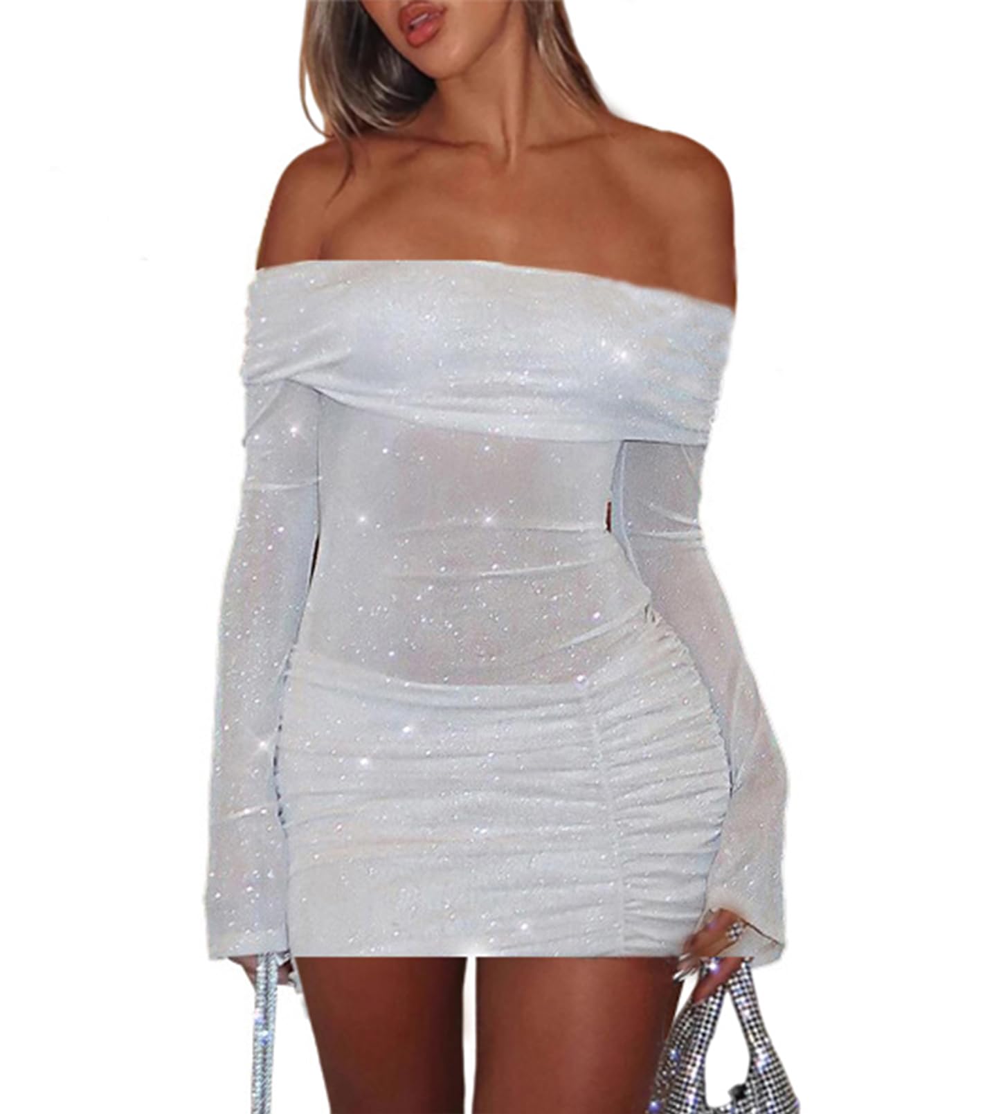 Photo 1 of Sexy Off Shoulder Bodycon Mini Dress for Women Mesh Sheer Ruched Sparkly Flared Long Sleeve Y2K Dress Party Club Night Out Dresses White