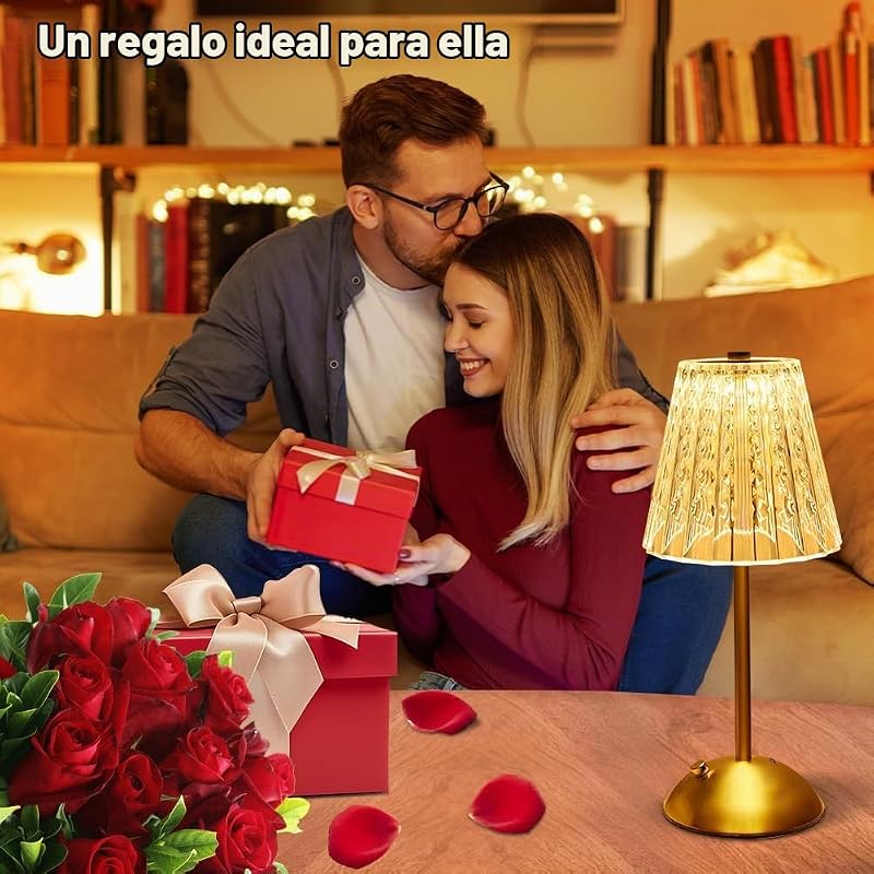 Lampara Inalambrica, 2000mAh Lampara Recargable con USB-C, 3 Temperaturas de Color Toca Cristal Lampara de Mesa, Lámpara de Mesa Inalámbrica para Dormitorio, Cafetería, Bar, Cena (Oro)