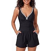 Smismivo Swim Rompers for Women One Piece Tummy Control Swimsuits Modest Full Coverage Bathing Suits with Shorts and Pockets