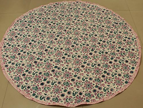 Cotton Round Stamp Block Print Tablecloth White Green Floral Printed Fabric Dining Table Cover 55 Inches