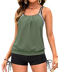 Holipick Women Army Green Striped Tankini Swimsuits