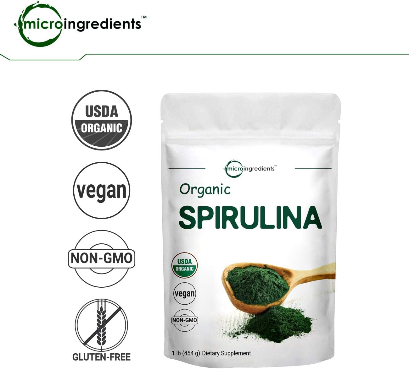 Micro Ingredients Pure Organic Spirulina Powder,1 Pound, Rich in Antioxidant, Minerals, Fatty Acids, Fiber and Protein, No Irradiated, No Contaminated, No GMOs and Vegan Friendly: Health & Personal Care