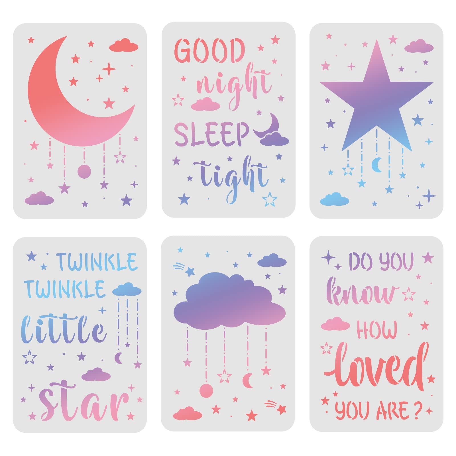 FINGERINSPIRE 6 x Moon and Star Stencils, Clouds Stencil, 75.7 x 21 cm, Reusable Star Pattern, Baby Room Good Night for Painting on Wood, Wall, Floor and Tiles