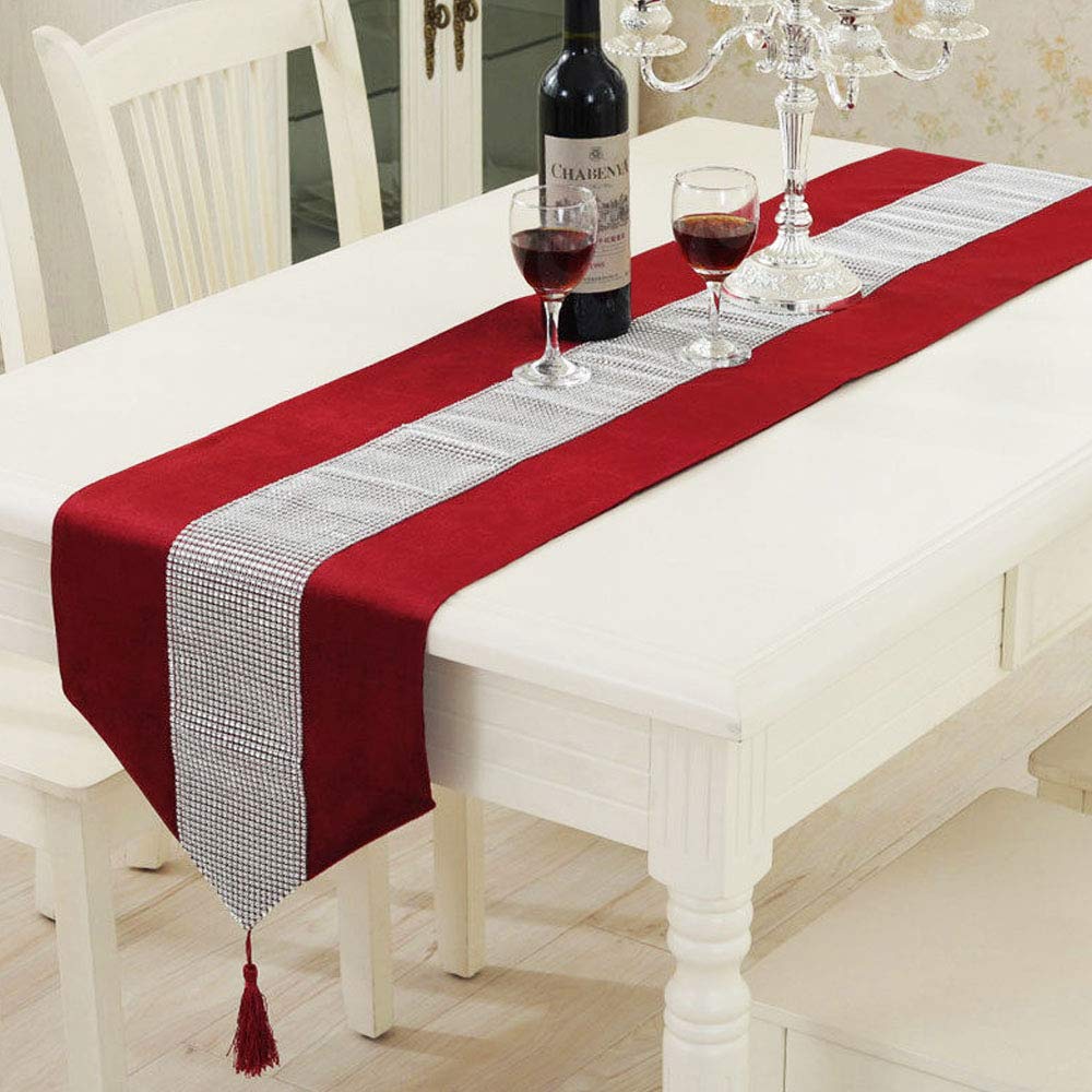 Time to Sparkle Luxury Velvet Diamante Table Runner Thick Velvet Chenille Satin Tasseled Christmas Xmas (Velvet-red, Runner 31x183cm)