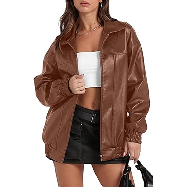 Yousify Womens Leather Jacket Long Sleeve Lapel Casual Fashion