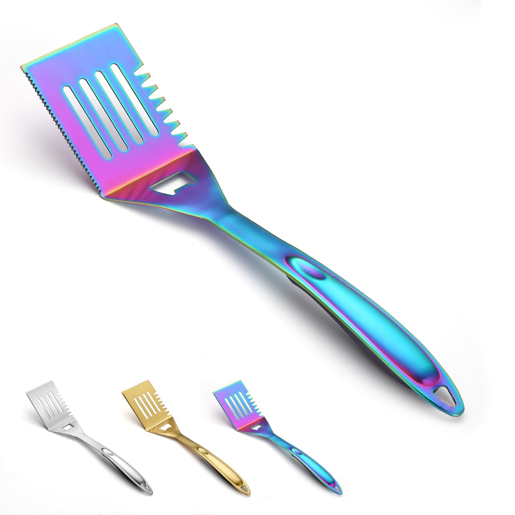 Evanda BBQ Spatula, Colorful Titanium Plating Stainless Steel Pancake Turner, Handle Heat Resistant and No Melt, Great for Outdoor BBQ, Teppanyaki, Camping