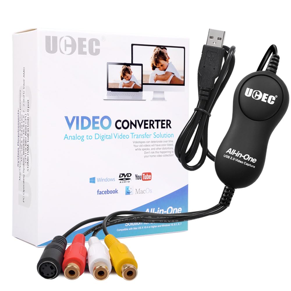 UCEC VHS to Digital Converter, All in One Video Capture USB 2.0 VHS VCR TV to DVD Converter for Mac OS X PC Windows 7 8 10, Convert VHS/Hi8/MiniDV to MP4 for PC/Laptop