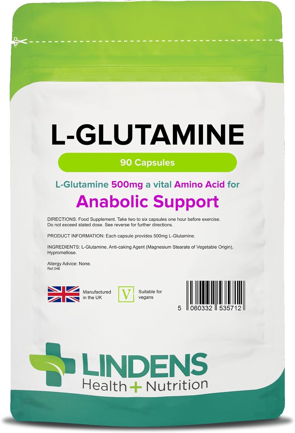 Lindens L-Glutamine 500mg 90 Capsules UK Made Anabolic Support