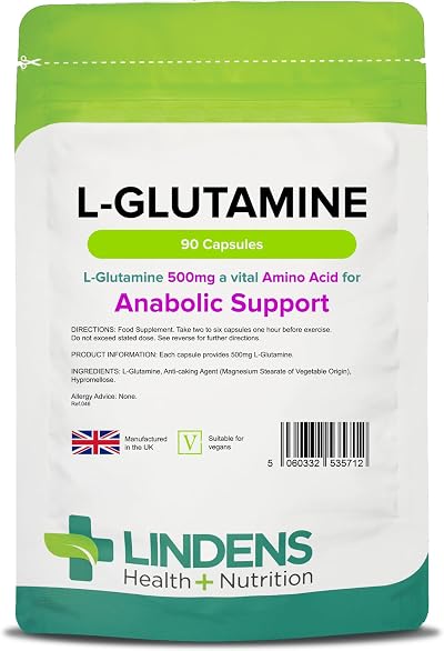 Lindens L-Glutamine 500mg 90 Capsules UK Made Anabolic Support