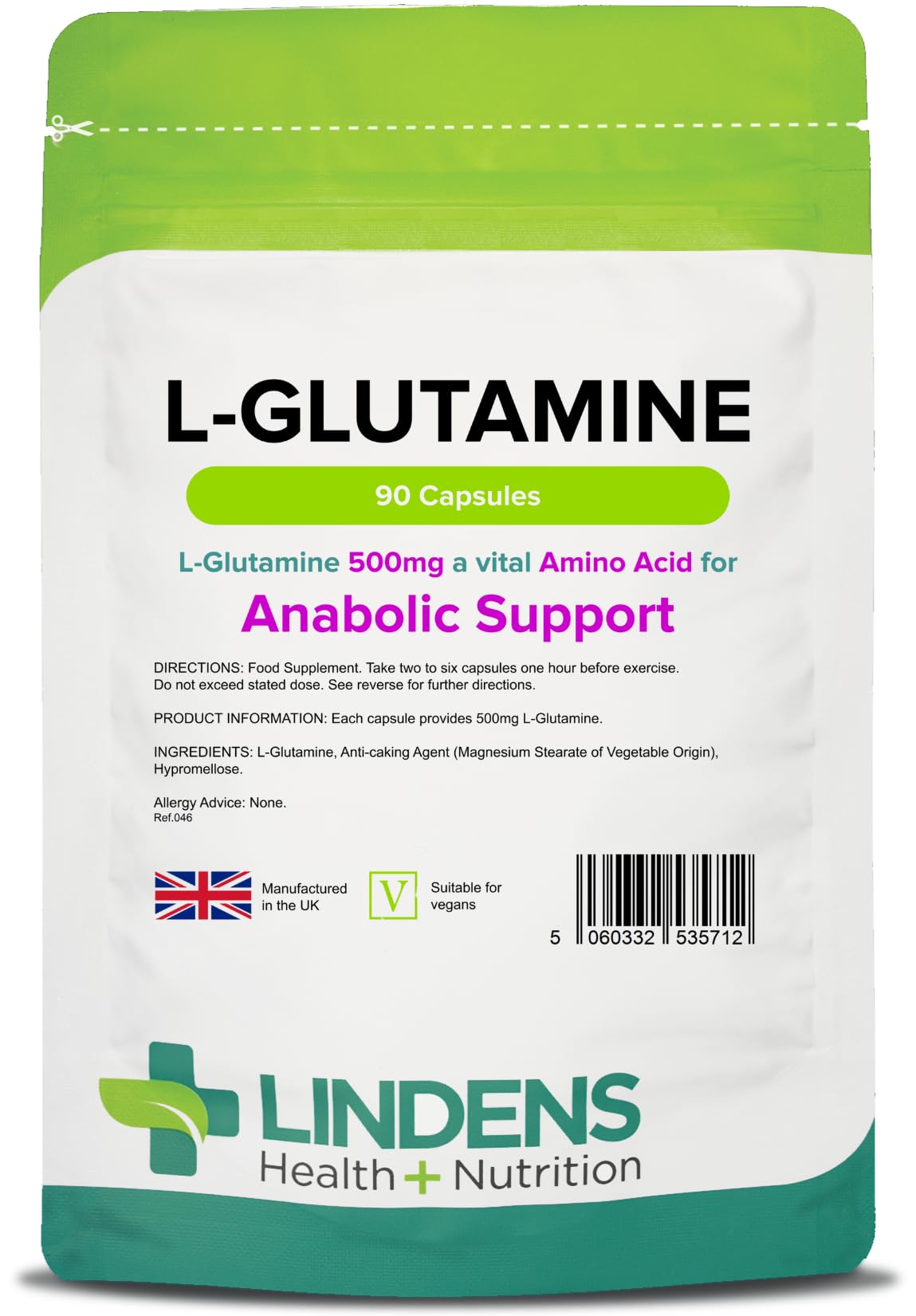 Lindens - L-Glutamine 500mg, 90 Capsules - UK Made - Anabolic Support, Muscle Recovery & Tissue Repair - Amino Acid Source, Rapid Release - Letterbox Friendly, Vegan