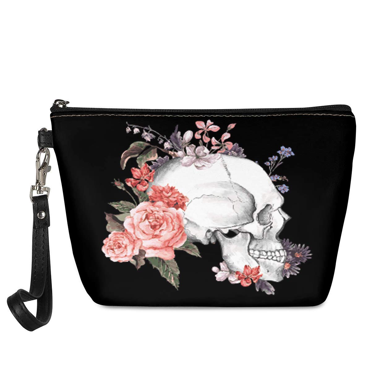 Biyejit Floral Skull Print Makeups Organizer Pu Leather Cosmetic Bag Zippered Shopping Pouch