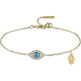 QUALISE Evil Eye Bracelet for Women,14K Gold Plated Hamsa Charm Bracelet, Adjustable Chain Handmade Turquoise Jewelry for Protect Lucky Jewelry Gifts for Her