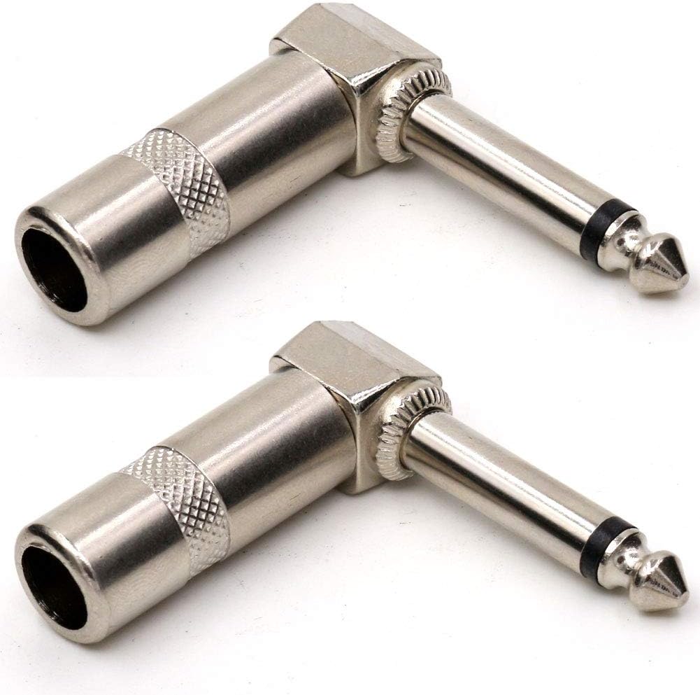 TEZONG 1/4" 90 Degree Right Angle TS Mono Male to Female Solder Connector for Speaker Cables, Patch Cables, Snakes;6.35mm Phone Plug Jack Adapter 2Pack