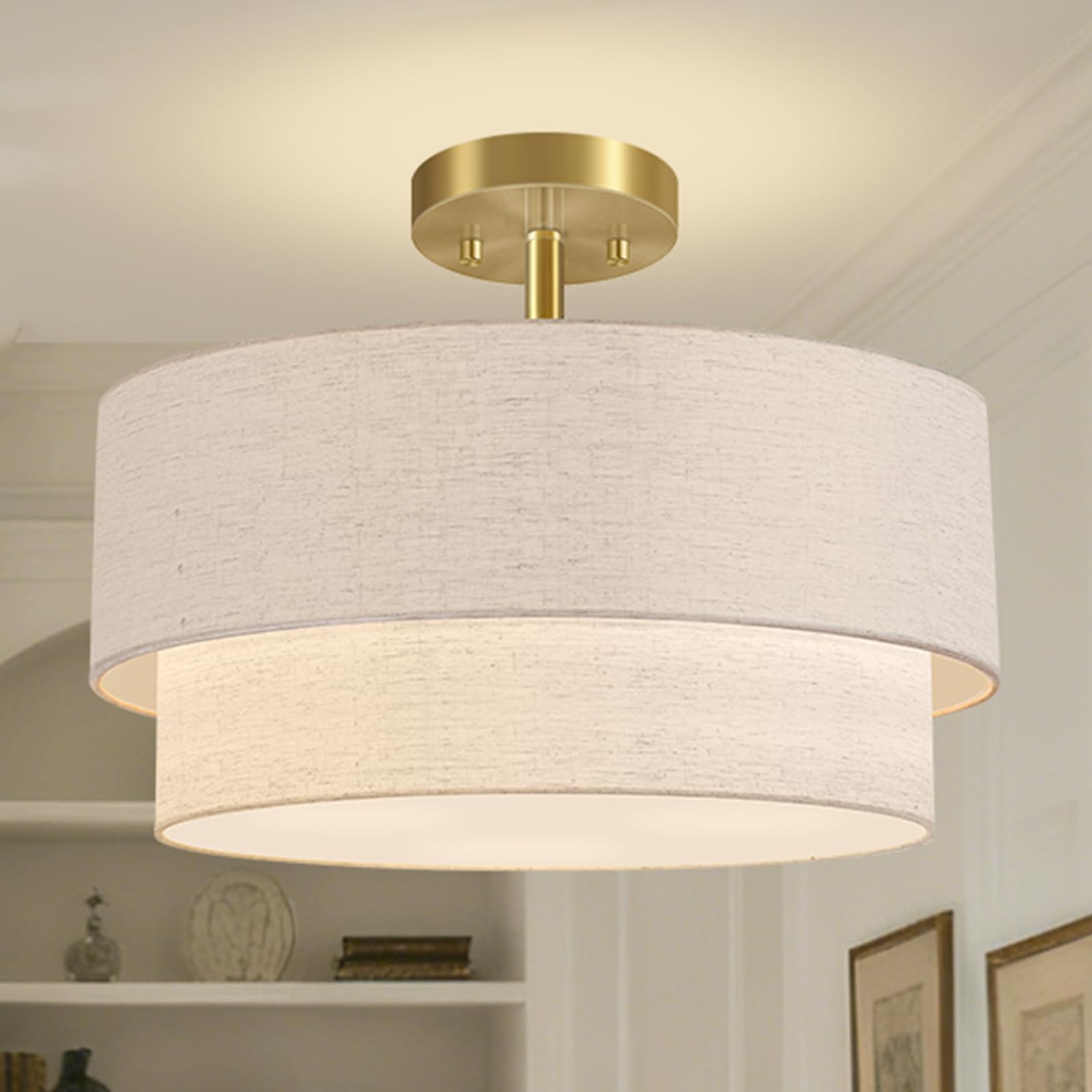 Photo 1 of 16.5'' Semi Flush Mount Ceiling Light, 3-Light Gold Ceiling Light Fixtures, Farmhouse Close to Ceiling Light with Linen Shade, Modern Drum Ceiling Light for Living Room/Hallway/Bedroom/Dining Room