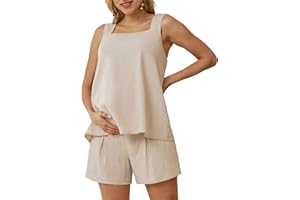 Maacie Maternity 2 Pieces Outfits Summer Linen Shorts Sets Tank Tops Wide Legs Shorts with Pockets