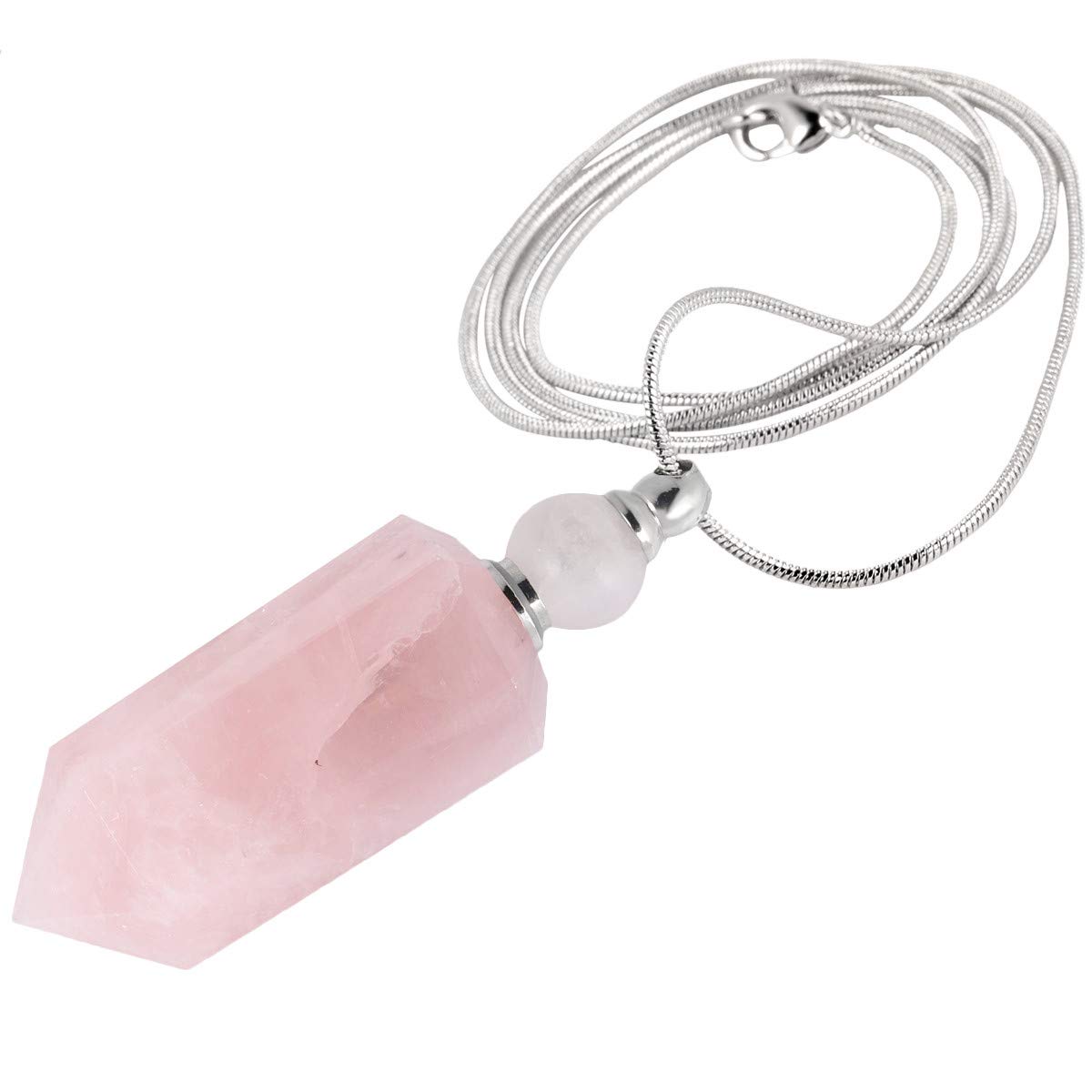 KYEYGWO Rose Quartz Healing Crystal Point Aromatherapy Essential Oil Diffuser Necklace Hexagonal Perfume Bottle Pendant Necklace for Men Women