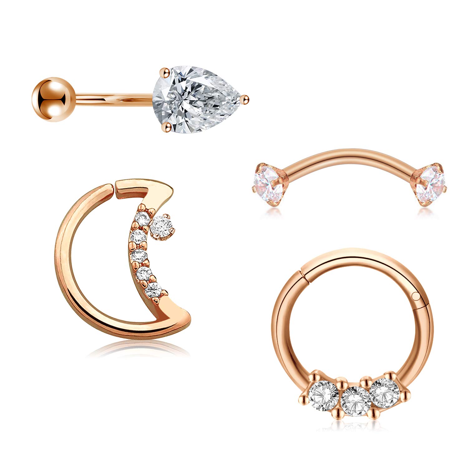 Mayhoop 4Pcs 16G Rook Earrings Surgical Steel Rose Gold Moon Shaped Closure Ring Segment Clicker Ring with Zircon Curved Bar Barbell Daith Conch Cartilage Earrings Eyebrow Rings