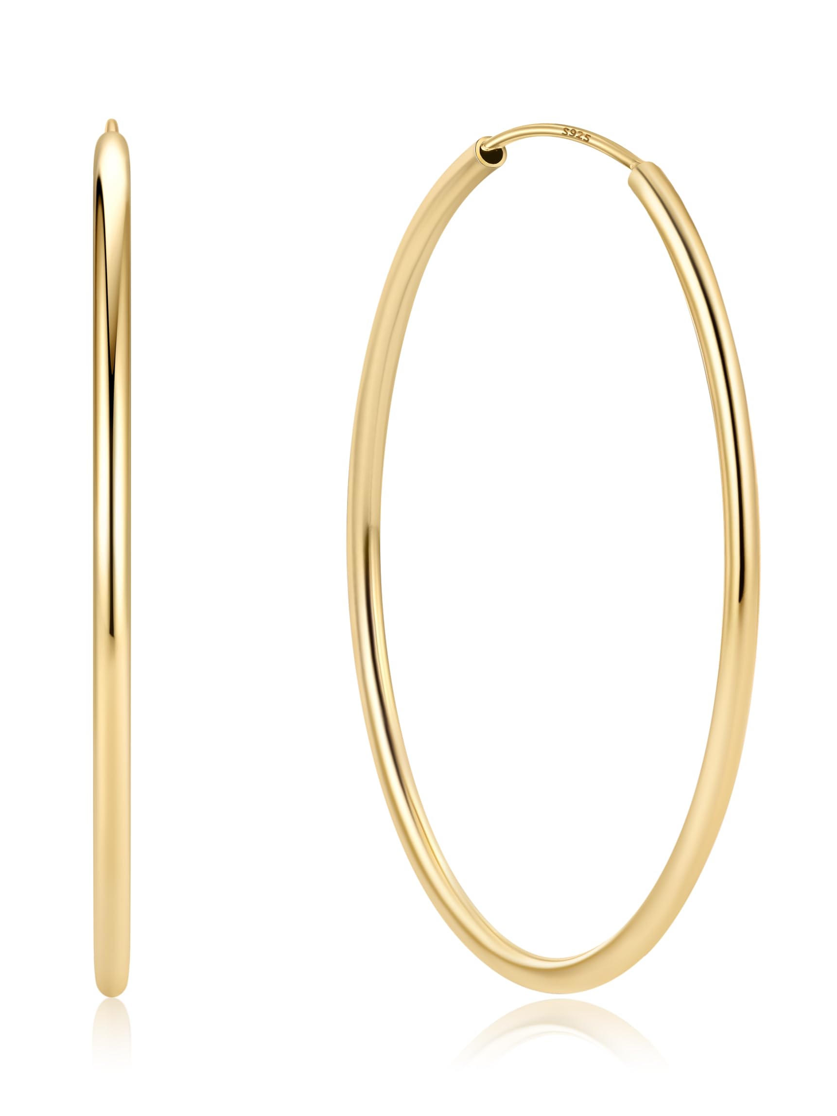 ChicSilver Gold Hoop Earrings for Women 50mm Big Large Circle Round Earrings Sterling Silver Earrings Hoops 925