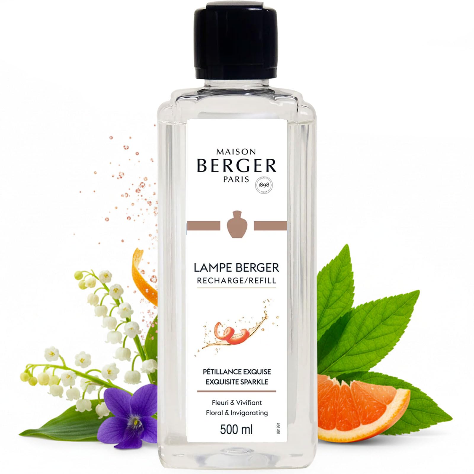 MAISON BERGER Exquisite Sparkle Lamp Berger Fragrance Refill, 500 mL – 2-in-1 Catalytic System, Neutralizes Odours Then Diffuses Fragrance, Sparkling Grapefruit with Floral Champagne Accents