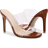 Husmeu Women's Clear Heeled Sandals Square Toe Two Strap Stiletto High Heeled Sandal Transparent Strap Backless Slip on Mules Heeled Sandals