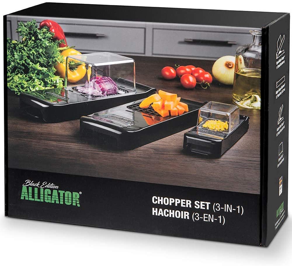 ALLIGATOR 3002-3-in-1 Multifunctional Chopper - Vegetable Cutter - Onion Cutter - Chip Cutter - 3 Interchangeable Blades - 3 x 3 mm 6 x 6 mm 12 x 12 mm - BPA Free - Black
