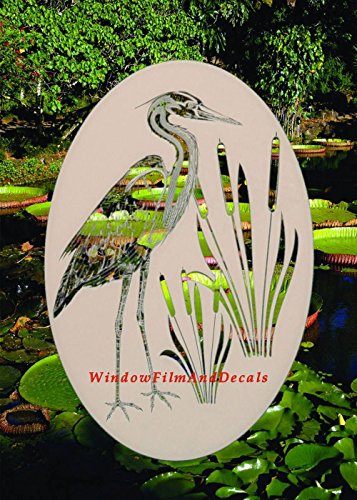 Oval Egret & Cattails Left Etched Window Decal Vinyl Glass Cling - 21" x 33" - White with Clear Design Elements