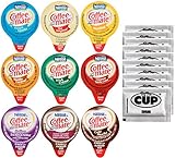 Coffee Mate .375oz Non-Dairy Liquid Creamer Singles - 9 Flavor Assortment, Hazelnut, French Vanilla, Original, Cafe Mocha, Salted Caramel (36 Pack) - Exclusive By The Cup Sugar Packets