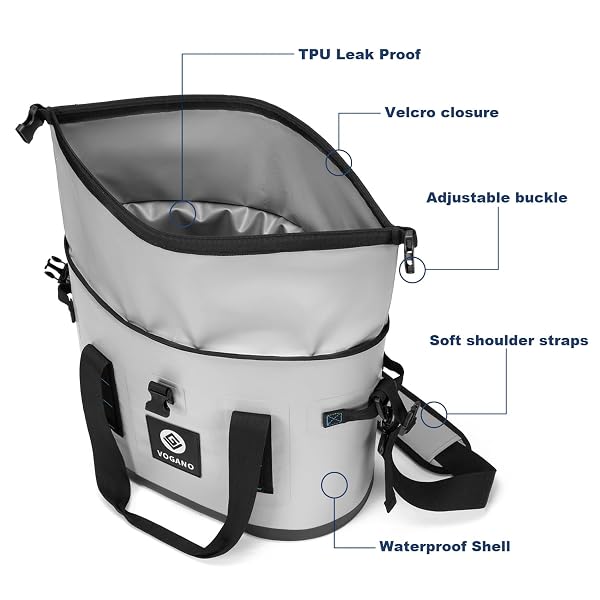 VOGANO 40 CAN SOFT COOLER BAG – INSULATED LEAK-PROOF LARGE COOLER BAG WITH ROLL-TOP WATERPROOF SEAL | PORTABLE ICE CHEST FOR CAMPING, BEACH, TRAVEL, PICNICS | 24HR COLD RETENTION (GRAY)