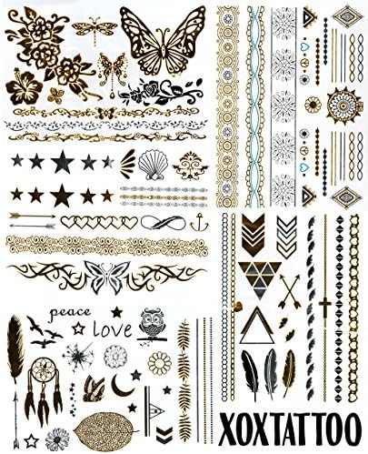 Set of 5 Sheets of Over 70 Metallic Temporary Tattoos Lasts 4 days (Nautical, Nature, Bohemian Life)