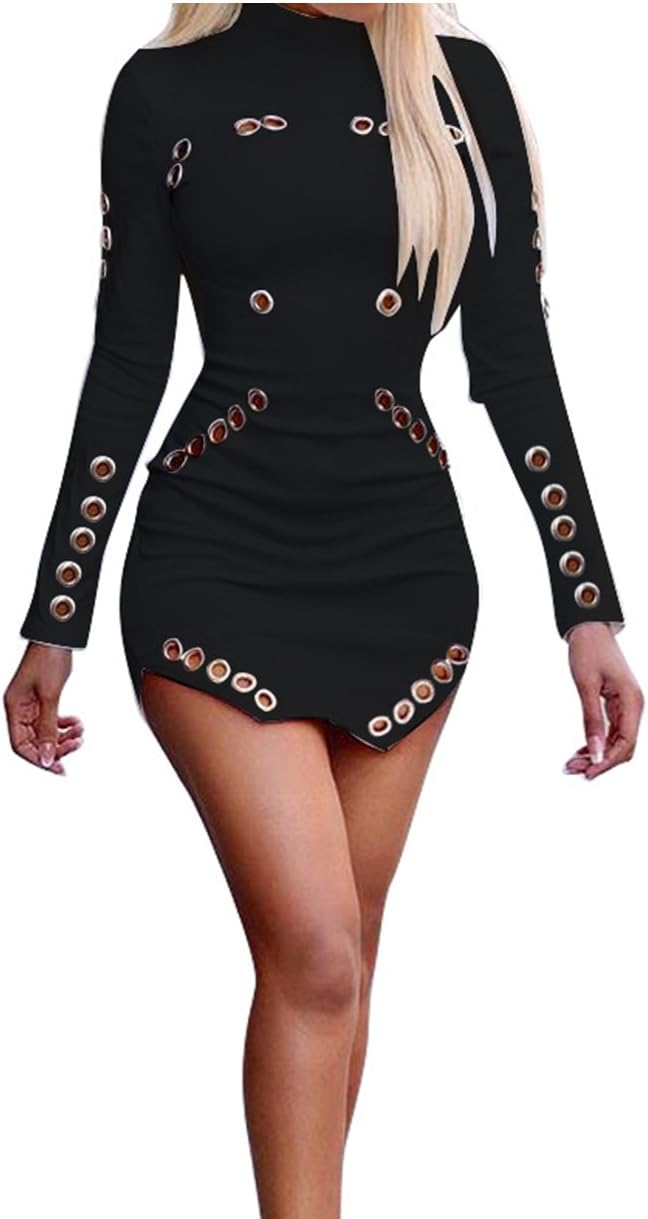 Yoganta White Or Black Grommet Detail Bodycon Dress Sexy Hollow Out Design High Neck Long Sleeve with A Back Zipper Hot Night Clubwear