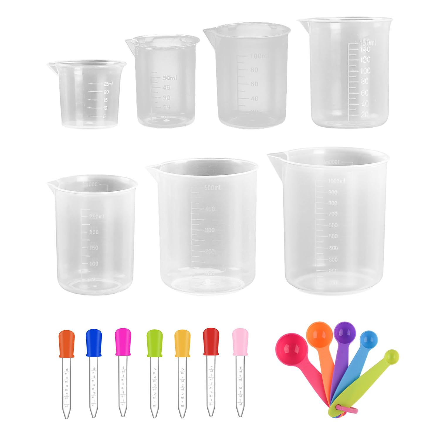 7 Pcs Measuring Cups with 7 Pcs Silicone Droppers, 5 Pcs Measuring Spoons, Thick Heat Resistant Beaker with Graduated, Handleless Plastic Beaker, Baking Cooking Measuring Tool, Casting Mixing Jewelry