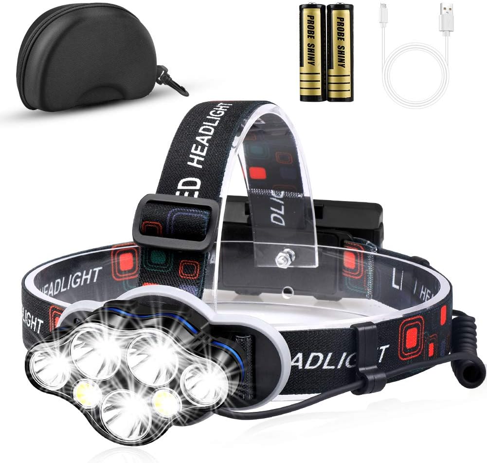 Headlamp Flashlight, 12000 Lumens Brightest 7 LED USB Rechargeable Headlight with White Red Light, 8 Modes Waterproof Head Lamp for Outdoor Camping Cycling Running Fishing - - 