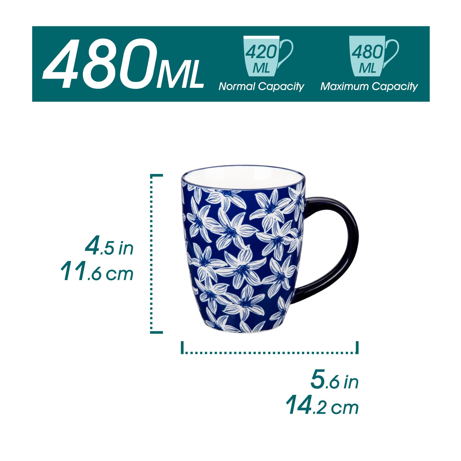 vancasso Kaffeetassen 6er Set, SELENE Porzellan Tassen, 480ml Kaffeebecher mit Henkel, Tasse für Kaffee, Milch, Tee & Kakao, Vintage Blau-weiß 2