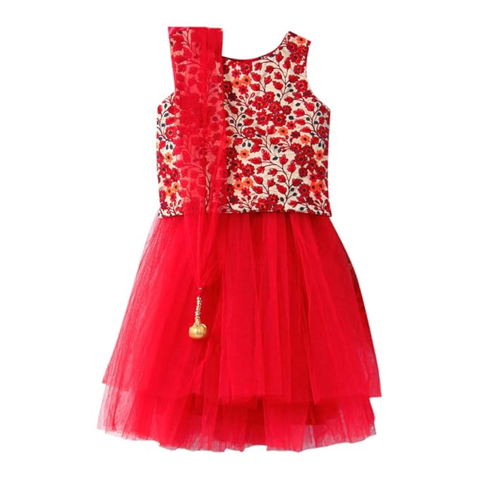 A.T.U.N By Hopscotch Baby Girls Polyester Floral Embroidered Three Piece Lehenga Set in Red Color