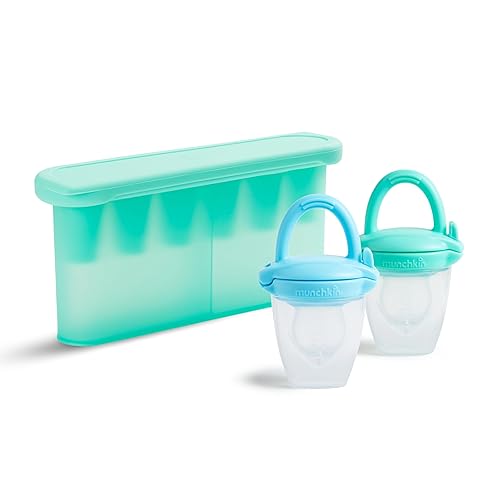 Munchkin® Silicone Baby Food Feeders and Baby Food Freezer Tray with Lid - Great for Self-Feeding and Baby Led Weaning, Mint/Blue