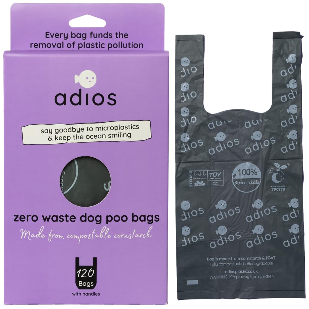 Adios Plastic - Compostable Loose Dog Poop Bags with Handles, 120 Count in Dispenser Box - Grey Colour - Extra Thick, Leakproof, Odour Proof Waste Bags - Made from Compostable Cornstarch - Easy Tear