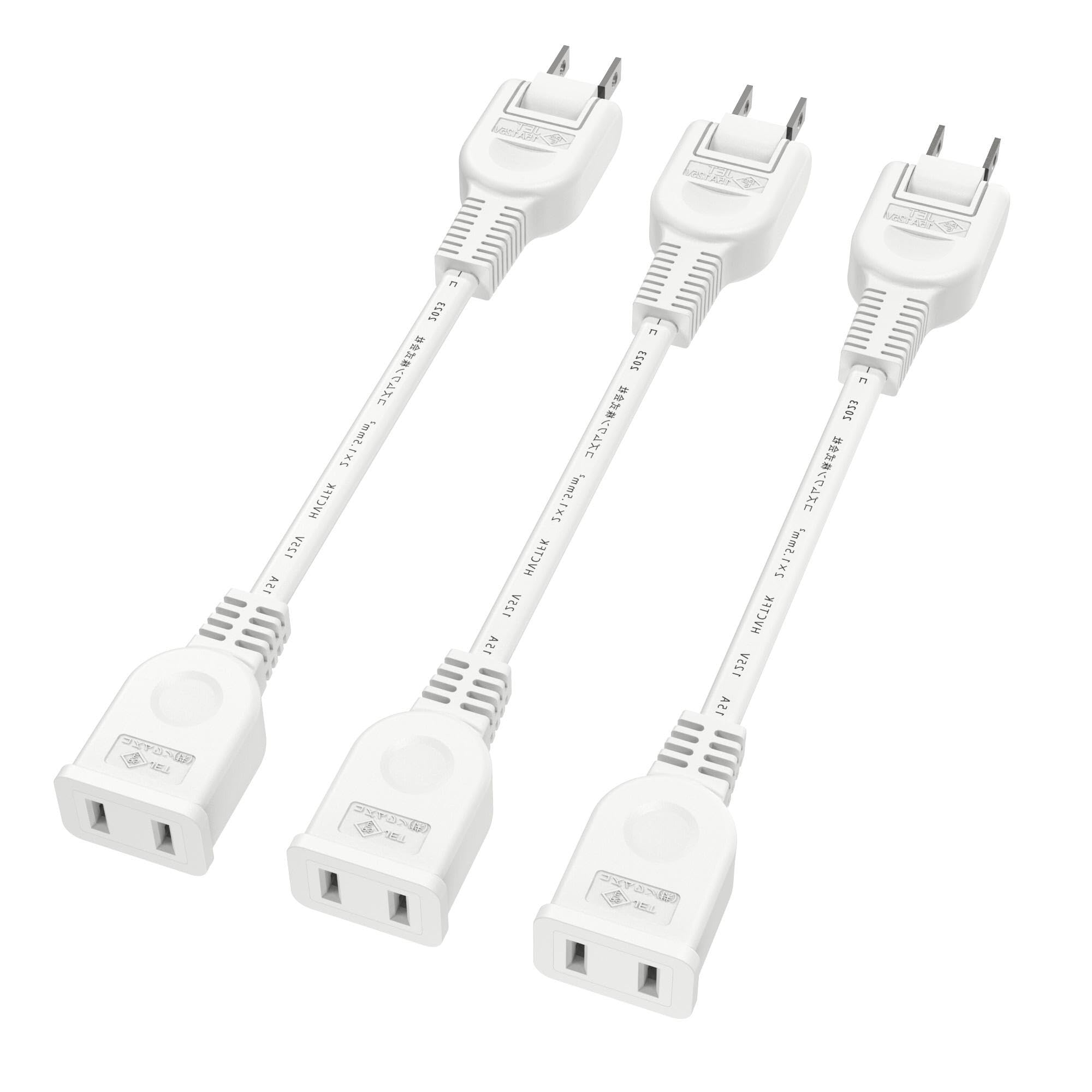 家電用電源コード 電源延長コード 2ピンプラグ接続可能 ACアダプタ用電源延長コード 延長ケーブル 短い ‎オス-メス 電源タップ トラッキング火災予防 絶縁キャップ付き 配線しやすい 180°スイングプラグ 1個口 OAタップ 電源コード (3本入り, ホワイト, 10cm) の商品画像