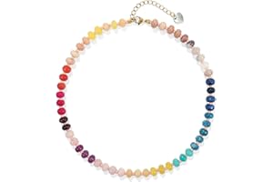 Joya Love Colorful Gemstone Beaded Necklaces For Women Trendy Rainbow Natural Stone Boho Handmade Stainless Steel Waterproof Strand Necklaces Jewelry For Women Gift
