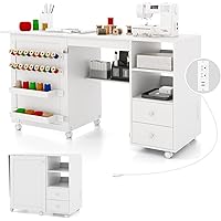 Giantex Folding Sewing Table with Charging Station, Rolling Craft Table with Storage Shelves and Drawers, 18 Pegs, 2 Trays, F