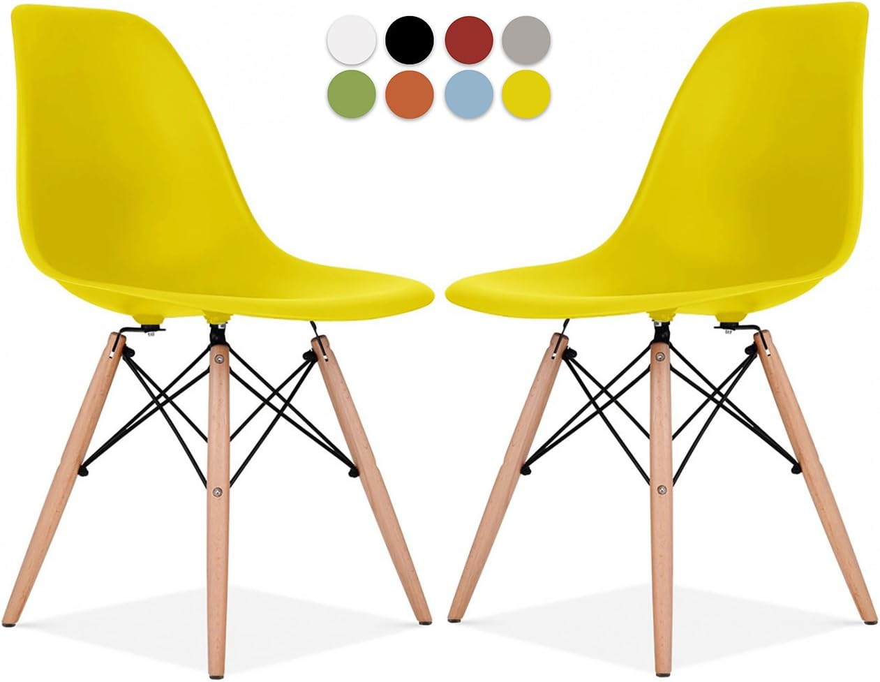Le Vigan Mid Century Modern Molded Shell Chair with Dowel Wood Eiffel Legs - Set of 2 - for Dining Room, Kitchen, Bedroom, Lounge - Easy-Assemble & Clean - Yellow