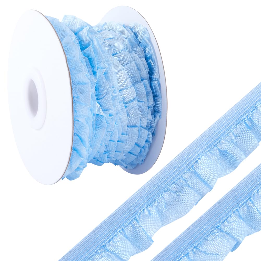GORGECRAFT 10 Yards Ruffled Elastic Trim Sky Blue Tulle Trim Fabric Stretch Ruffle Ribbon Pleated Scallop Edge for Sewing Bridal Wedding Decorations Diy Mini Doll Dressing Handicrafts