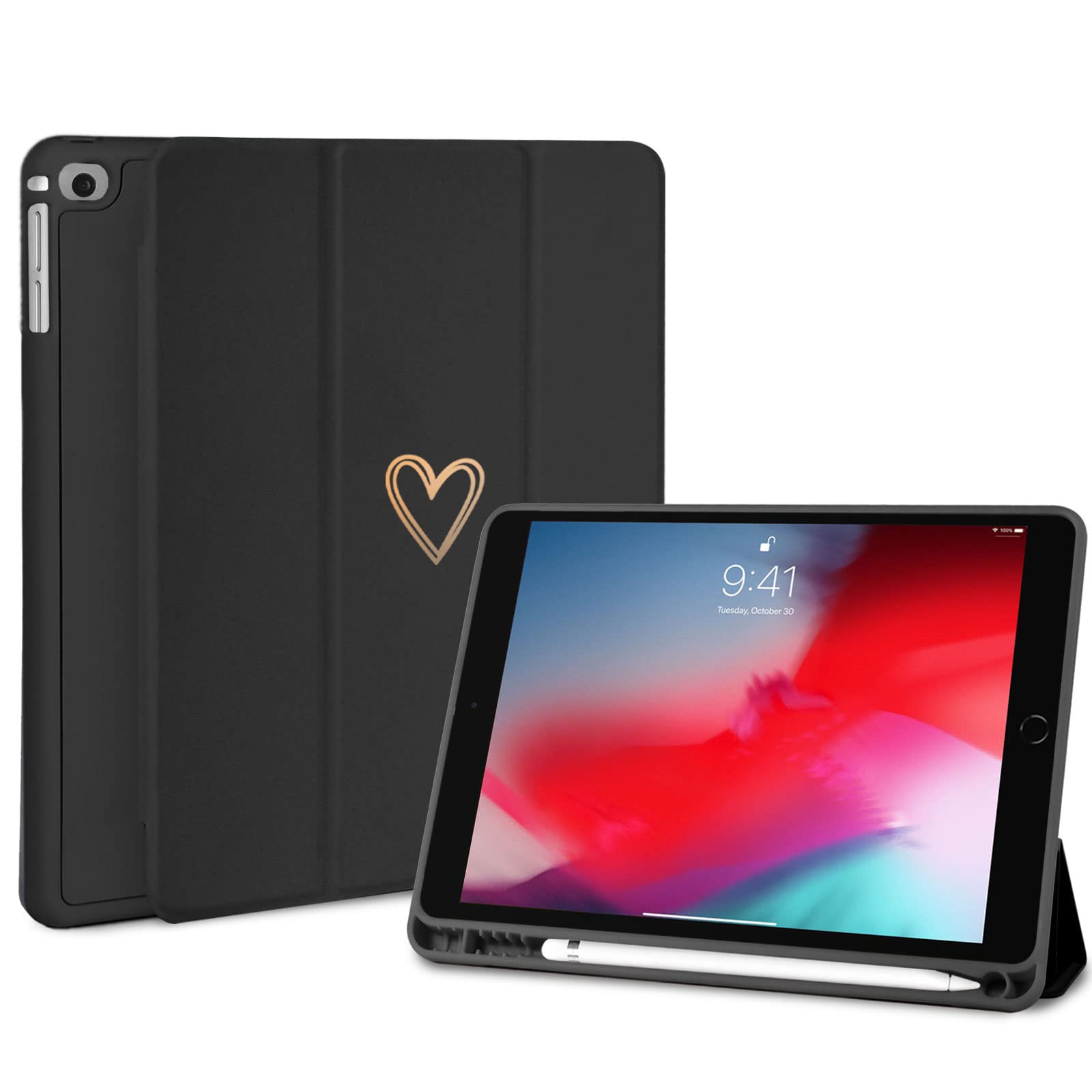 Fycyko Compatible With iPad 9.7 Inch (6th/5th Generation 2018/2017) - Protective Case With Pencil Holder & Tip Cover for Women Girls - Heart Pattern