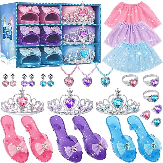 Princess Dress Up Toy Set, Girls Dress Up Shoes Role Play Gifts, Costumes Set incl Skirts, Shoes, Crowns, Jewelry, Princess Mermaid Theme Costumes Birthday Party Favors for Little Girls Aged 3 4 5 6