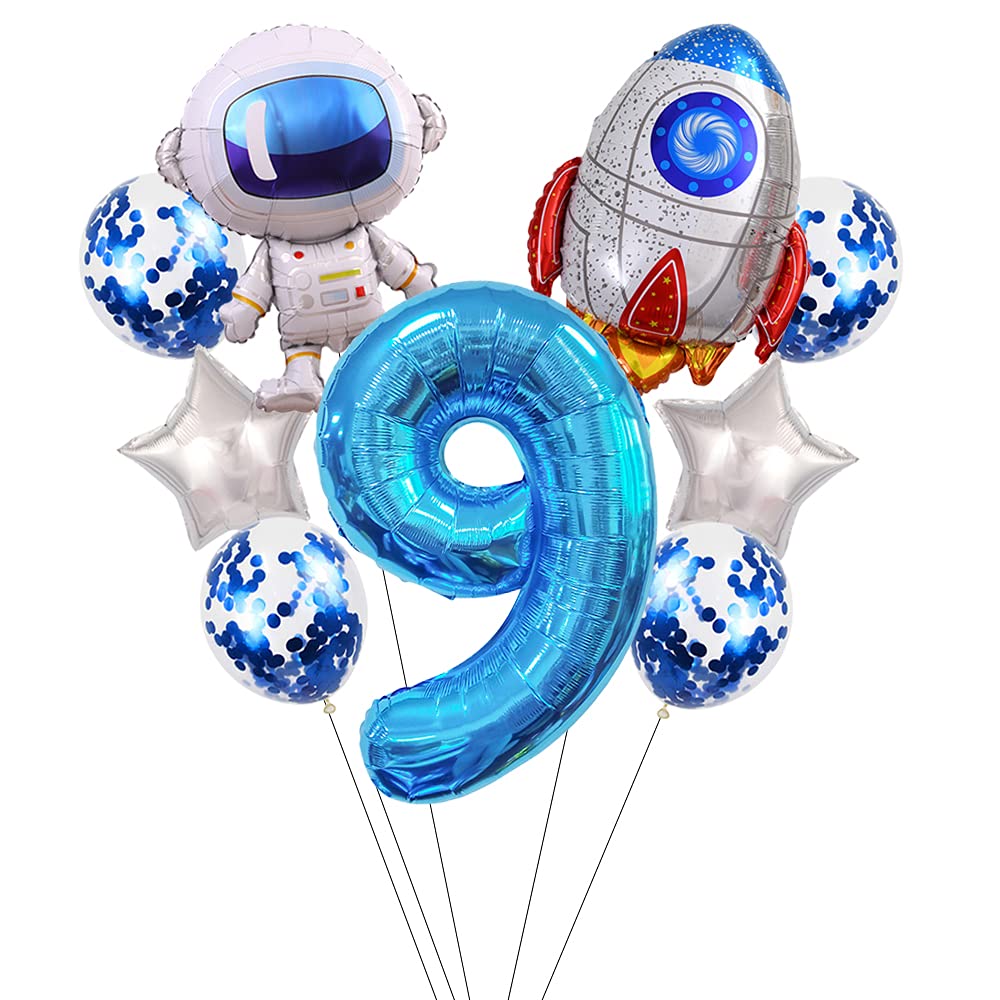 Liitata Outer Space Birthday Party Decorations Spaceman Themed Party Supplies Huge Size Astronaut Rocket Aluminum Balloon 32 Inch Blue Number 9 Foil Balloon for Kids Boy Birthday Party