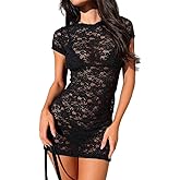 LOFAAC Women Sexy See Through Floral Lace Bodycon Mini Dress Crew Neck Short Sleeve Side Slit Cocktail Party Club Dress