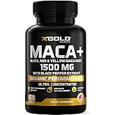 X Gold Health Maca Root Capsules 1500mg – Organic Peruvian Black Red Yellow Maca with Black Pepper, Energy Libido Mood & Reproductive Health Support
