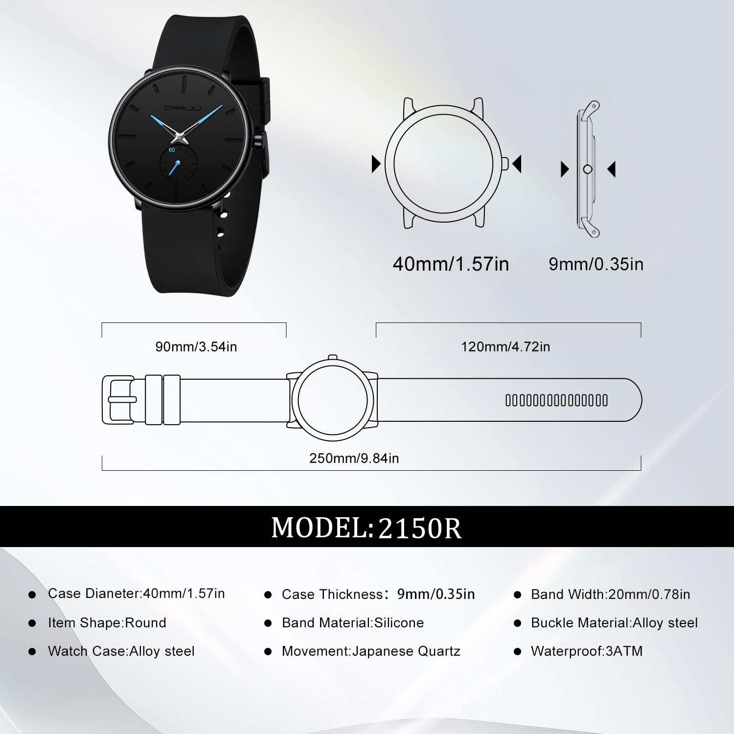 CRRJU Men’s Casual Stylish Waterproof Quartz Wristwatches, Ultra Thin Second Hand Watches for Men, Colorful Silicone Band