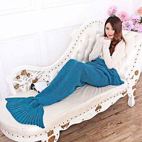 Mermaid Tail Blanket by Fansheng, Novelty Luxury Mermaid Tails Sleeping Bag Air Conditioning Bed/Sofa Blanket 100% Knitting Plush Polyster Slumber Bag Knitting Pattern Cute Mermaid Gift (Lake Blue)