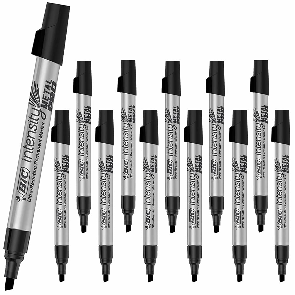 12 x BIC Intensity Metal Pro Permanent Markers Pens | Fat Metal Body & Durable Chisel Tip | Fade & Water Resistant Ink | Multi-Surface Application Including Wood, Glass, Plastic & Metal | Jet Black