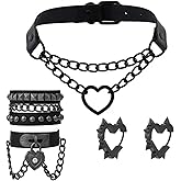 Dhdfisd Black Heart Necklace Studded Bracelet Goth Spiked Earrings Gothic Punk Grunge Emo Leather Jewelry Set for Women Man 5PCS